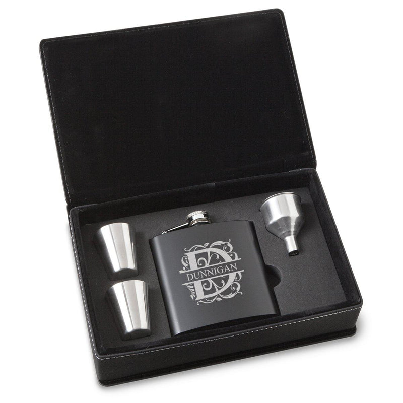 Personalized Black Stainless Steel Flask Set - Filigree
