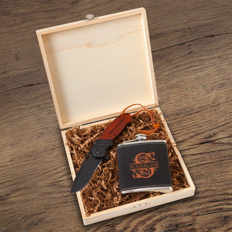 Personalized Stirling Groomsmen Flask Gift Box - Filigree - JDS
