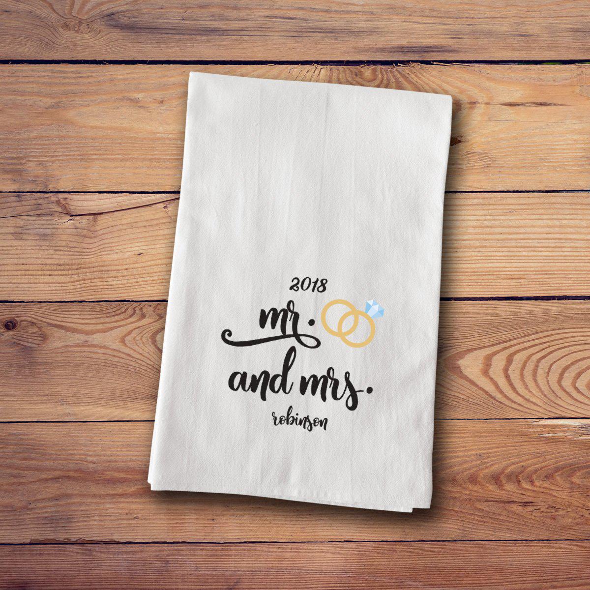 Mr. & Mrs. Mistletoe Wreath Personalized Kitchen Tea Towels