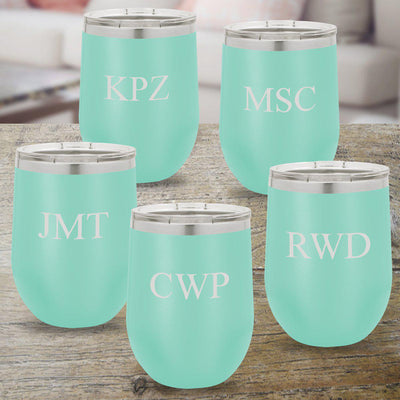Set of 5 Personalized Teal 12oz. Insulated Wine Tumblers - 3 Initials - JDS