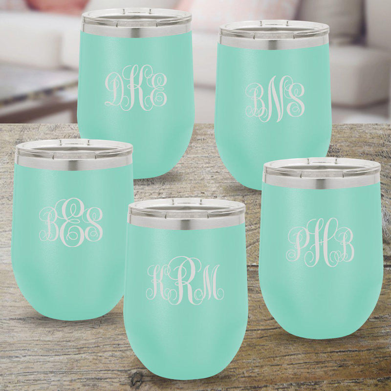 Set of 5 Personalized Teal 12oz. Insulated Wine Tumblers - Interlocking Monogram - JDS