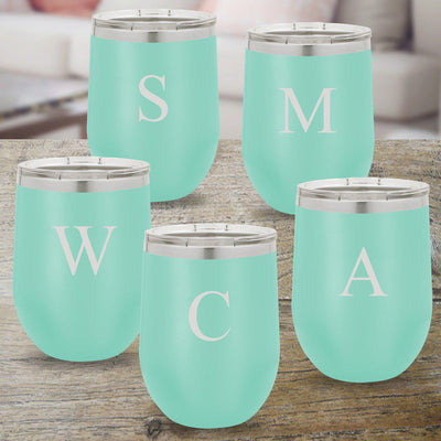 Set of 5 Personalized Teal 12oz. Insulated Wine Tumblers - Single Initial - JDS