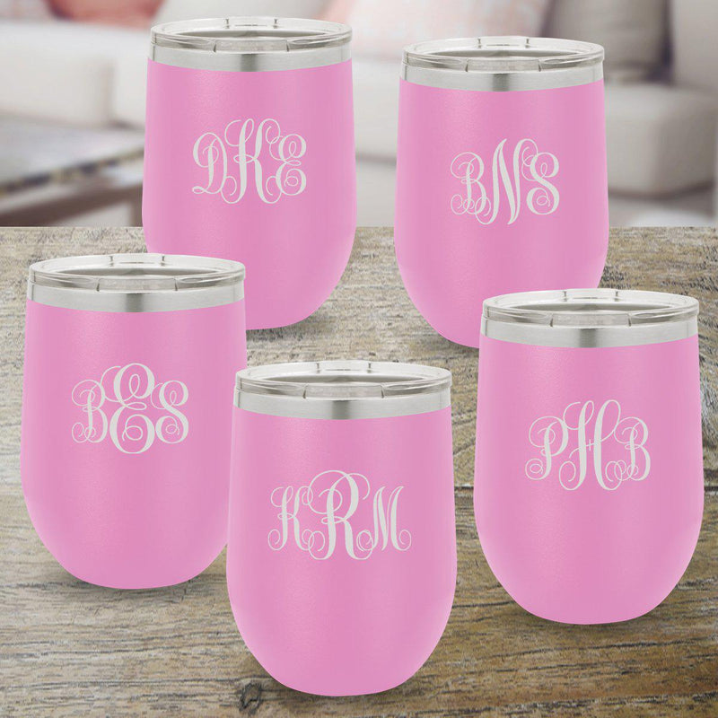 Set of 5 12 oz. Light Purple Insulated Wine Tumblers - Interlocking Monogram - JDS