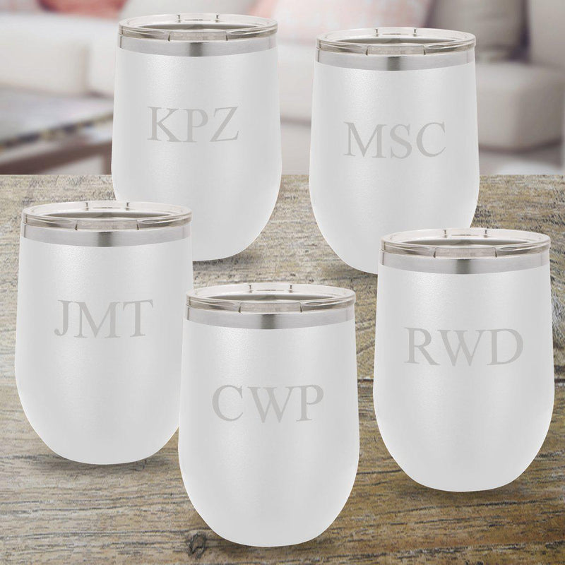 Set of 5 Personalized White 12oz. Insulated Wine Tumblers - 3 Initials - JDS