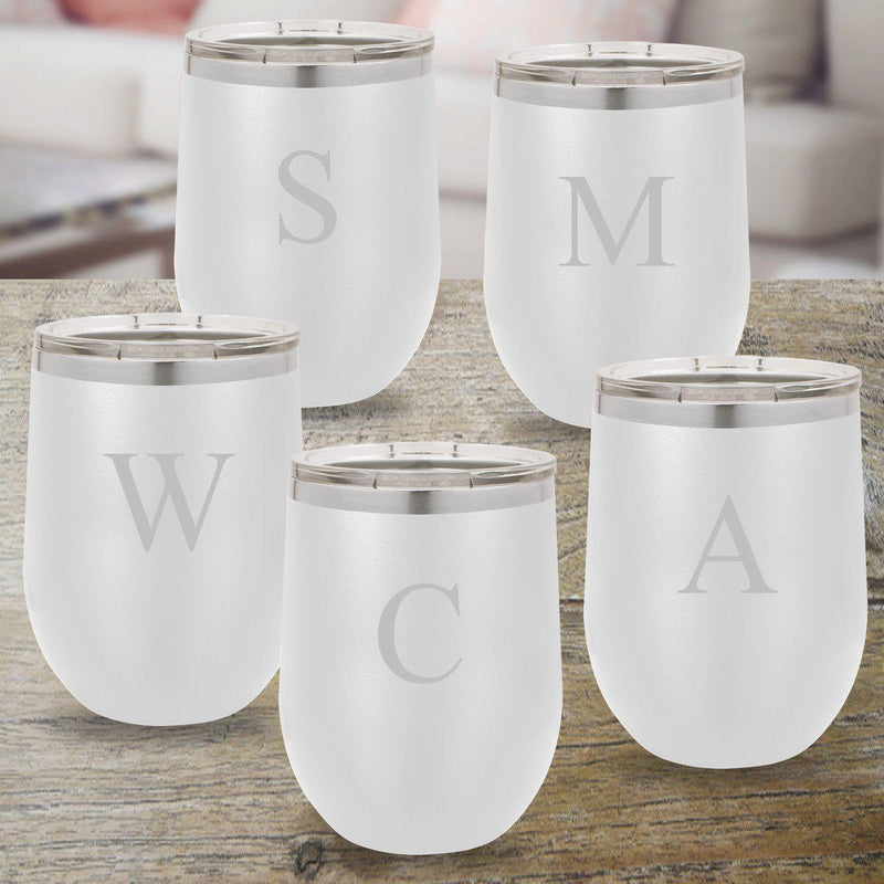 Set of 5 Personalized White 12oz. Insulated Wine Tumblers - Single Initial - JDS