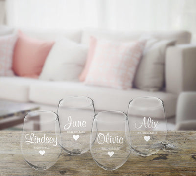 Personalized Bridesmaid Stemless Wine Glass Gift Set -  - JDS