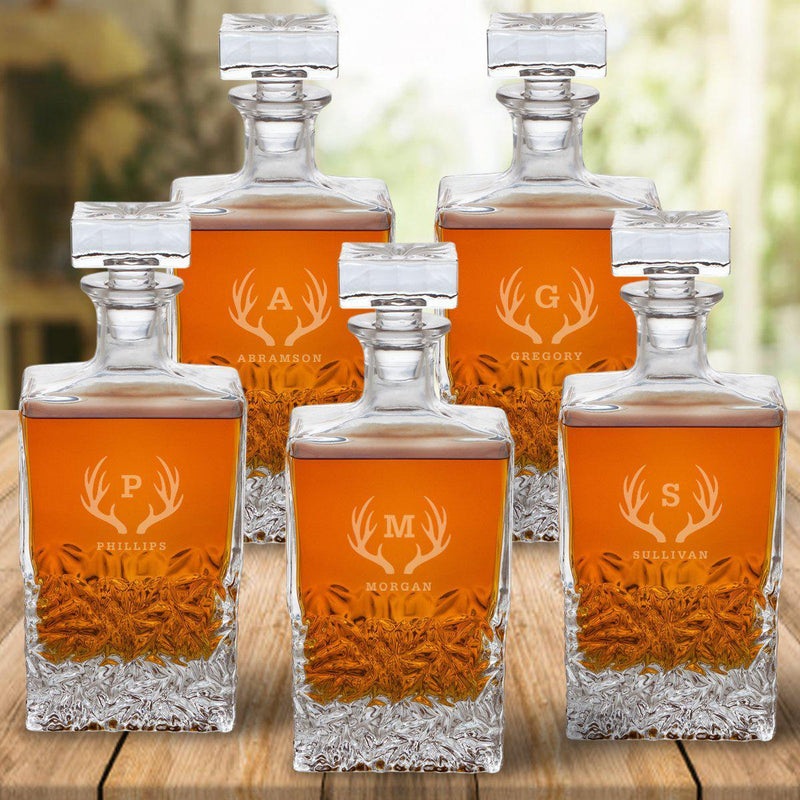 Set of 5 Groomsmen Kinsale Personalized Whiskey Decanters - Antlers - JDS