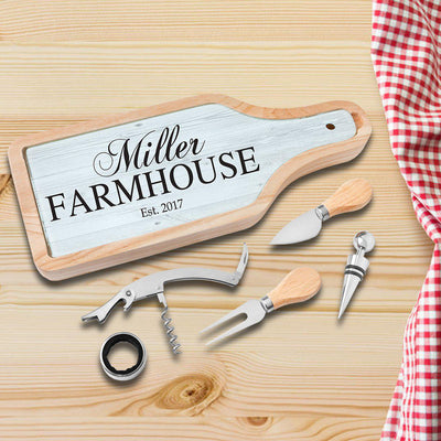 Personalized Cheese and Wine Tool Set with Glass Cutting Board - Farmhouse - JDS