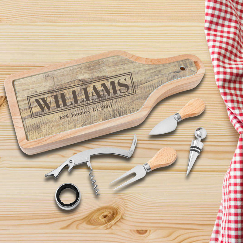 Personalized Cheese and Wine Tool Set with Glass Cutting Board - Rustic - JDS