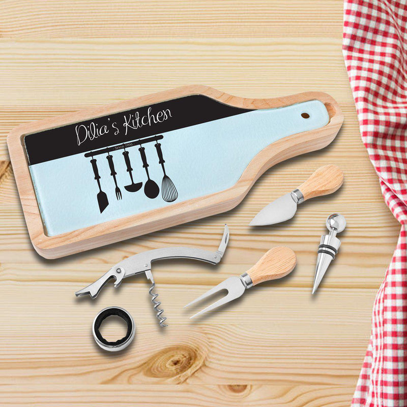 Personalized Cheese and Wine Tool Set with Glass Cutting Board - Utensils - JDS