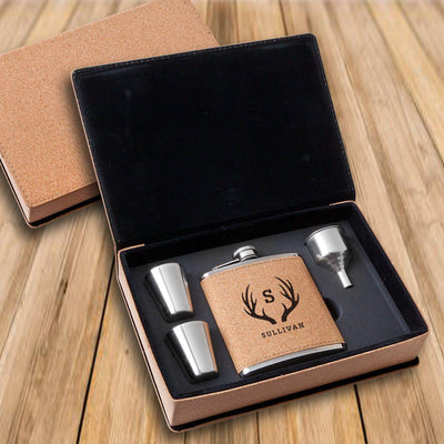 Personalized Cork Flask Set - Antler - Lazerworx