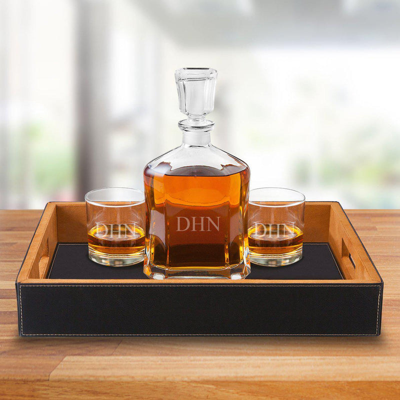 Personalized Decanter Gift Set with Black Serving Tray - 3Initials - JDS