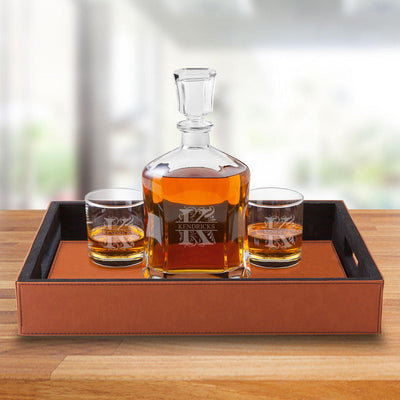 Personalized Decanter Gift Set with Brown Serving Tray - Filigree - JDS