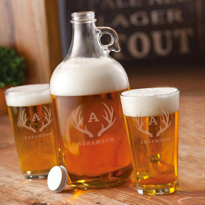 Personalized Growler Set with 2 Pint Glasses - 64oz. - Antlers - JDS