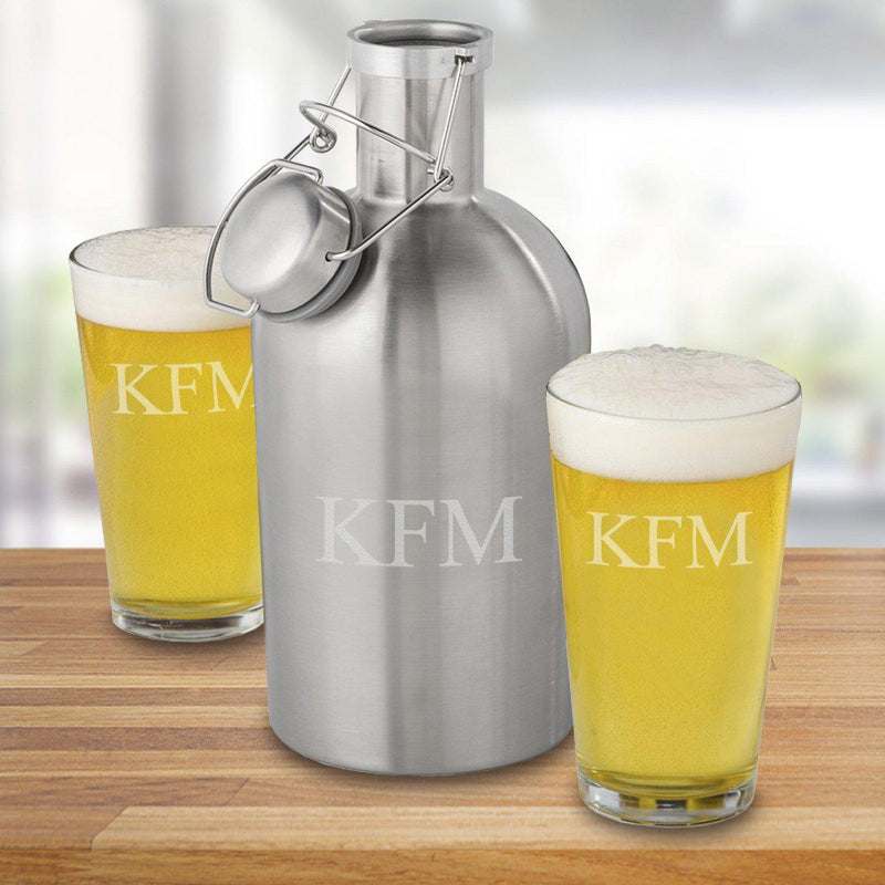 Personalized Stainless Steel Growler Set with 2 Pint Glasses - 3 Initials - JDS
