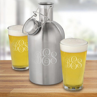 Personalized Stainless Steel Growler Set with 2 Pint Glasses - IMF - JDS