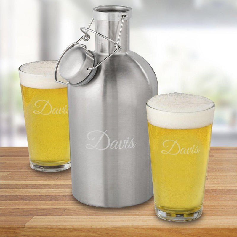 Personalized Stainless Steel Growler Set with 2 Pint Glasses - Script - JDS