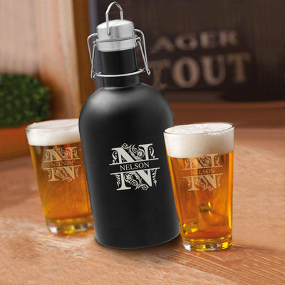 Personalized Beer Lover Gift Set Black Growler & 2 Pint Glasses - Filigree - JDS