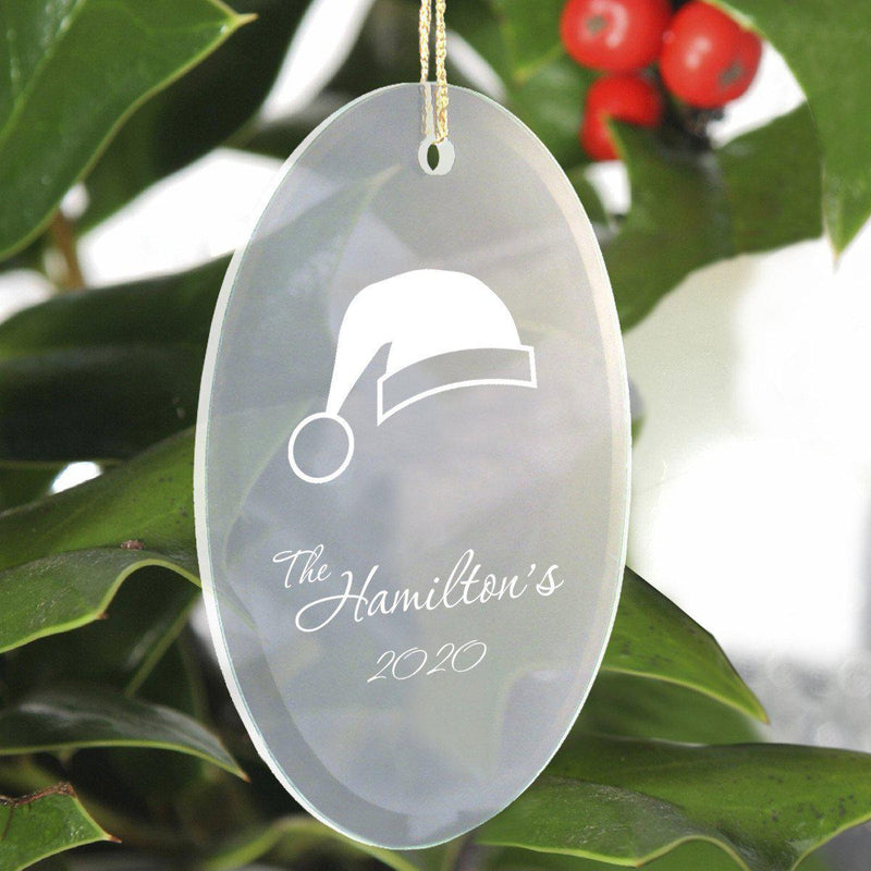 Personalized Beveled Glass Ornament - Oval Shape - SantaHat - JDS