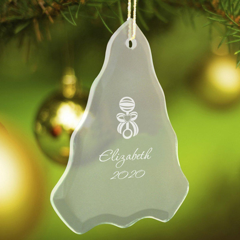 Personalized Tree Shaped Glass Ornaments - Babys Rattle - JDS