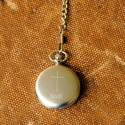 Engraved Inspirational Cross Pocket Watch - Brushed Silver - JDS
