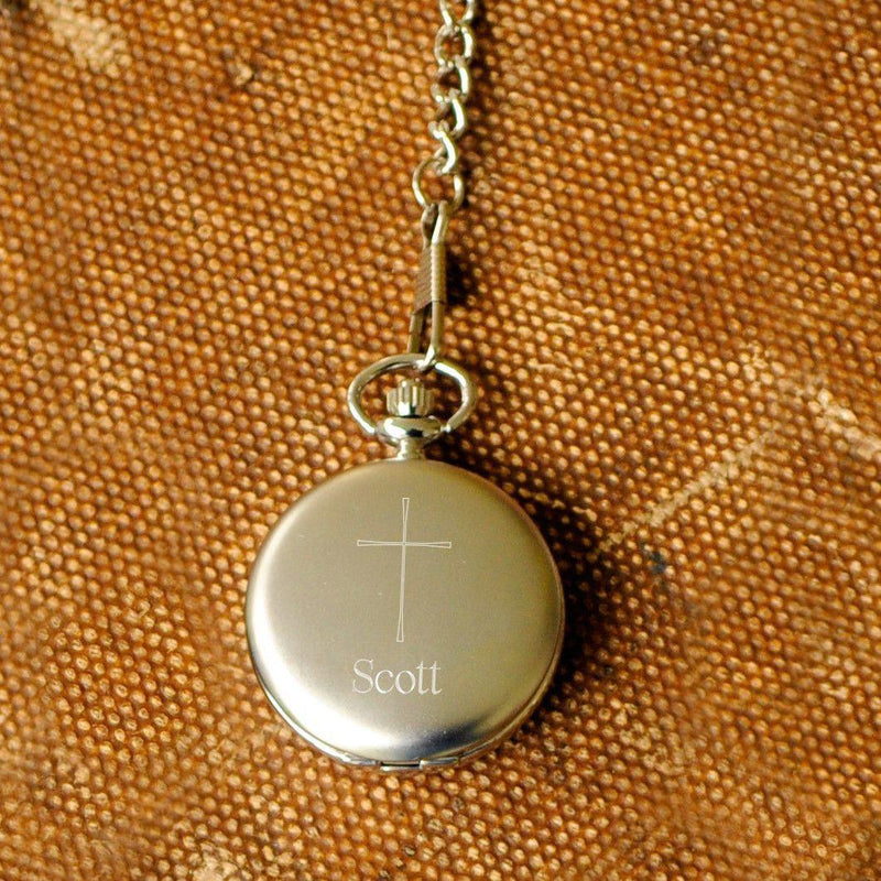 Engraved Inspirational Cross Pocket Watch - Brushed Silver - JDS