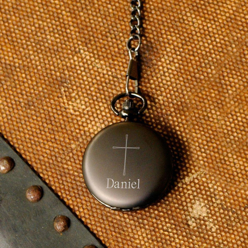 Engraved Inspirational Cross Pocket Watch - Gunmetal - JDS