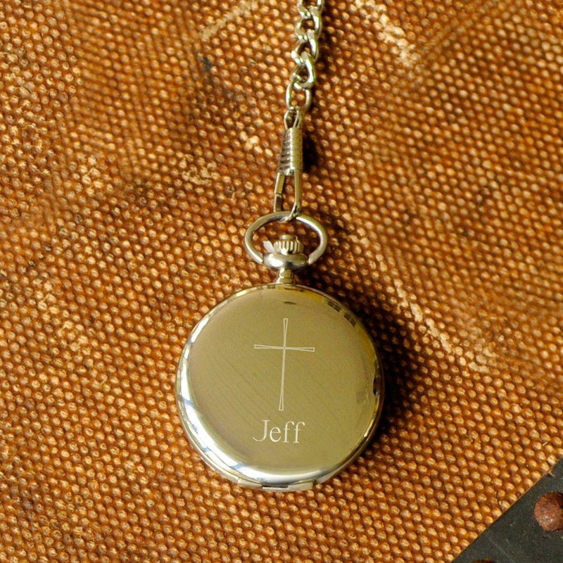 Engraved Inspirational Cross Pocket Watch - Polished Silver - JDS