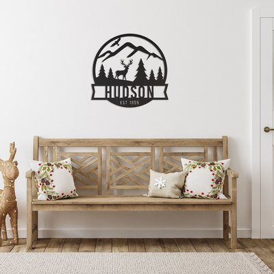 Family Name Metal Sign with Mountain Scene – Hudson Design -  - Completeful