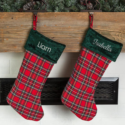 Personalized Green & Red Plaid Christmas Stockings - Green