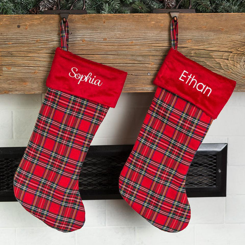 Personalized Green & Red Plaid Christmas Stockings - Red