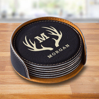 Personalized Black Round Coaster Set - Antlers - JDS