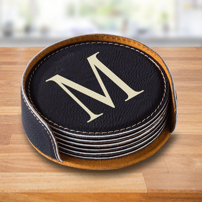 Personalized Black Round Coaster Set - SingleInitial - JDS