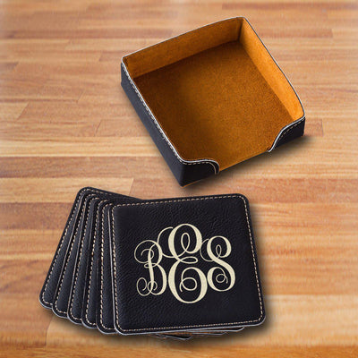 Personalized Black Square Coaster Set - Interlocking Monogram - JDS