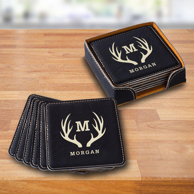 Personalized Black Square Coaster Set - Antlers - JDS