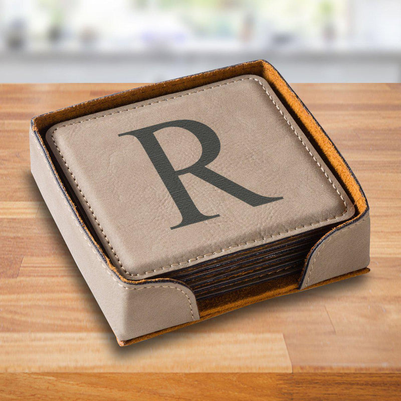 Personalized Tan Square Coaster Set - TanSingleInitial - JDS