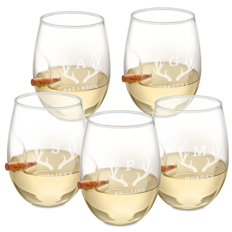 Personalized Set of 5 Bullet Wine Glasses Stemless - Antlers - JDS