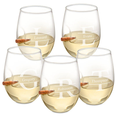 Personalized Set of 5 Bullet Wine Glasses Stemless - Stamped - JDS