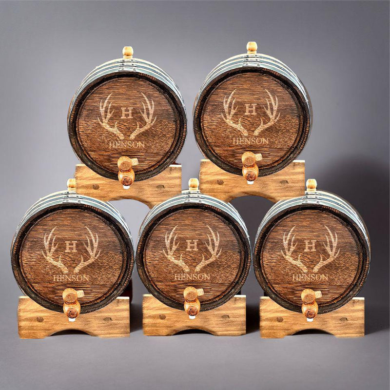 Personalized Aged Oak Mini Whiskey Barrel - Set of 5 - Antlers - JDS