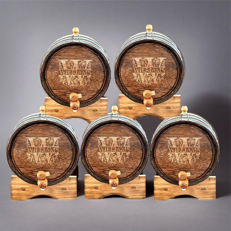 Personalized Aged Oak Mini Whiskey Barrel - Set of 5 - Filigree - JDS