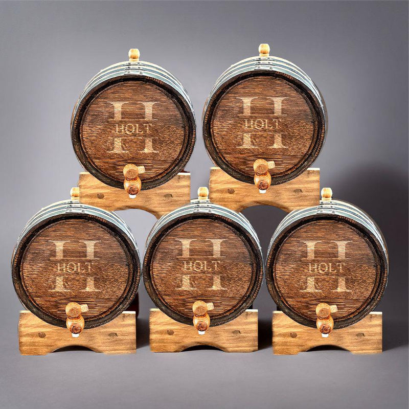 Personalized Aged Oak Mini Whiskey Barrel - Set of 5 - Stamped - JDS