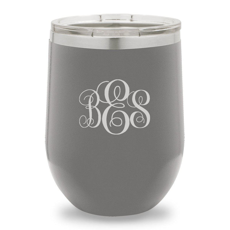 Personalized Grey 12oz. Insulated Wine Tumbler - Interlocking Monogram - JDS