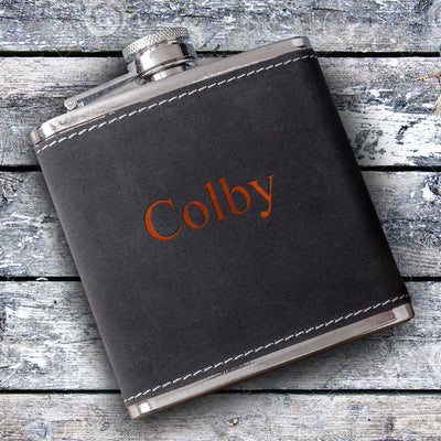 Personalized 6oz Suede Flask with Orange Lettering -  - JDS