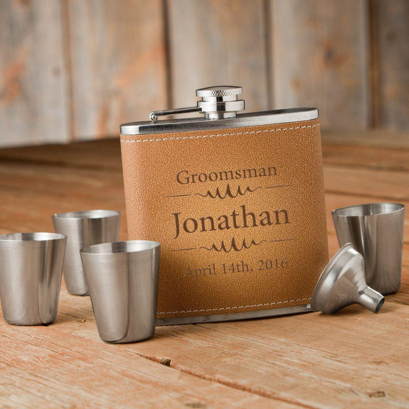 Groomsmen Hide Stitch Flask & Shot Glass Set -  - JDS