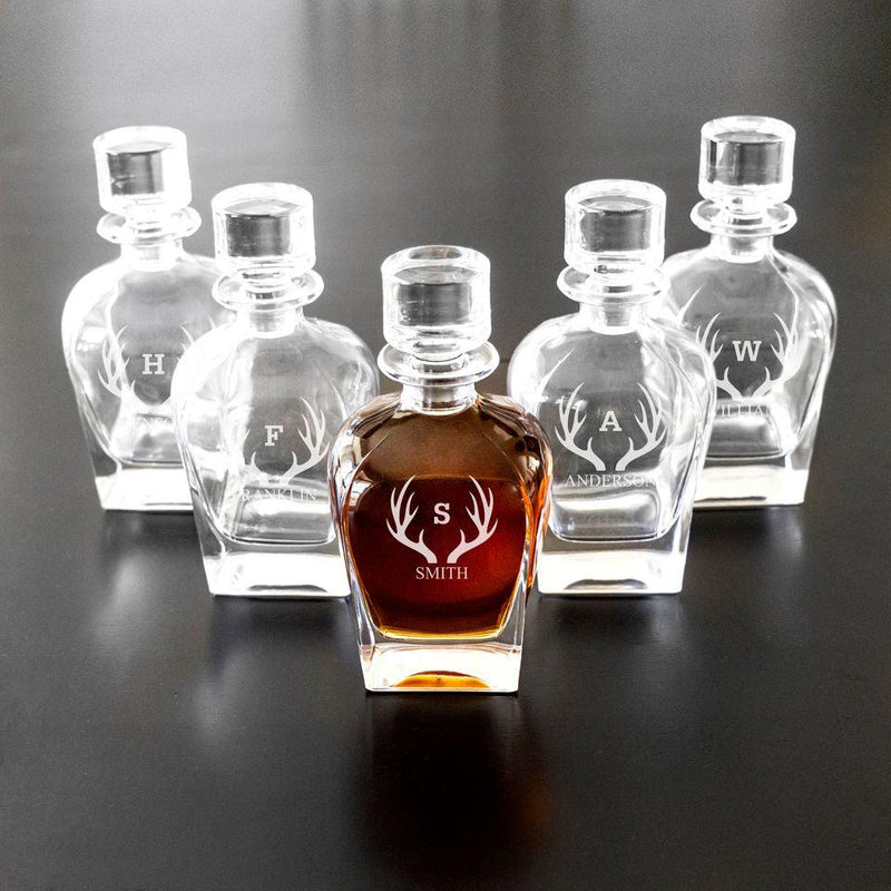 Set of 5 Groomsmen Personalized Antique Whiskey Decanters - Antlers - JDS