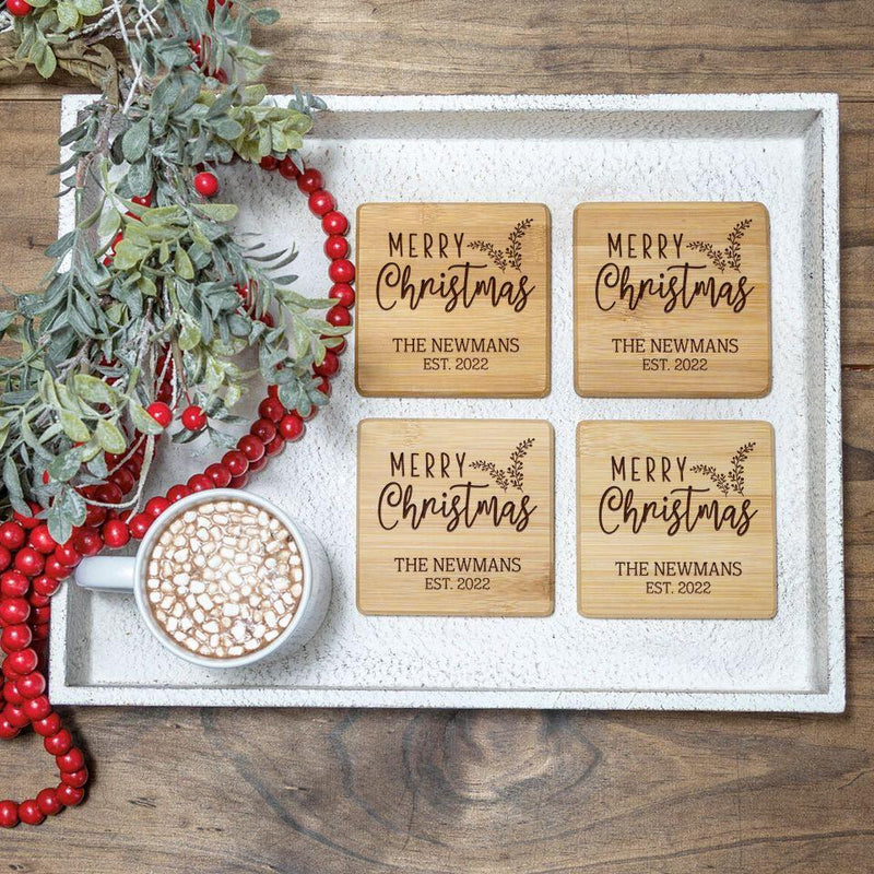 Personalized Merry Christmas Bamboo Coasters -  - Qualtry