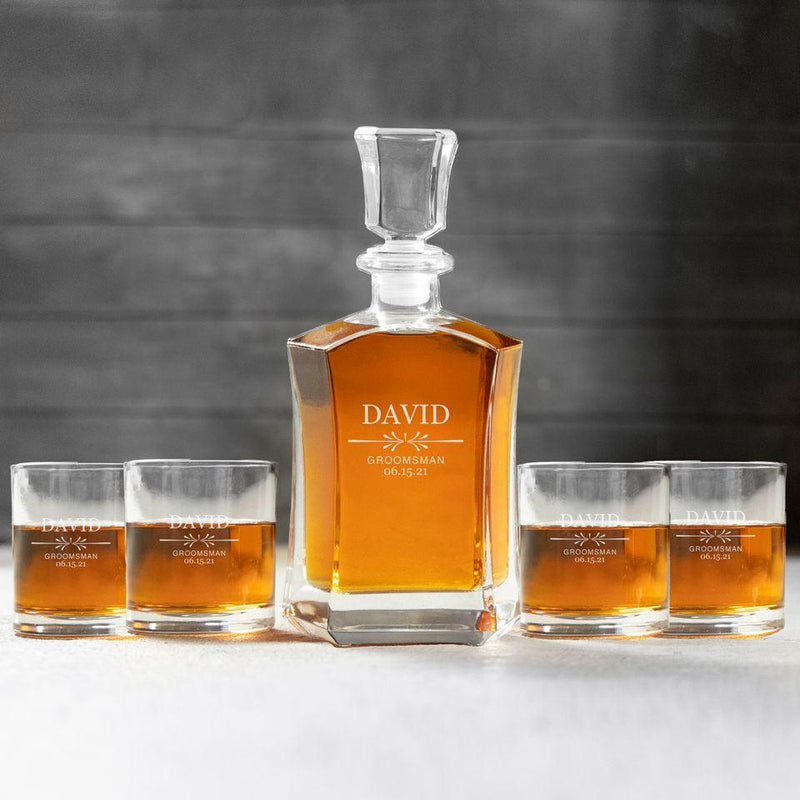 Personalized Groomsman Whiskey Decanter Set with 4 Lowball Glasses - David - JDS