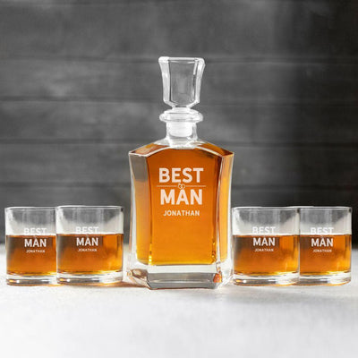 Personalized Best Man Whiskey Decanter Set with 4 Lowball Glasses - Jonathan - JDS