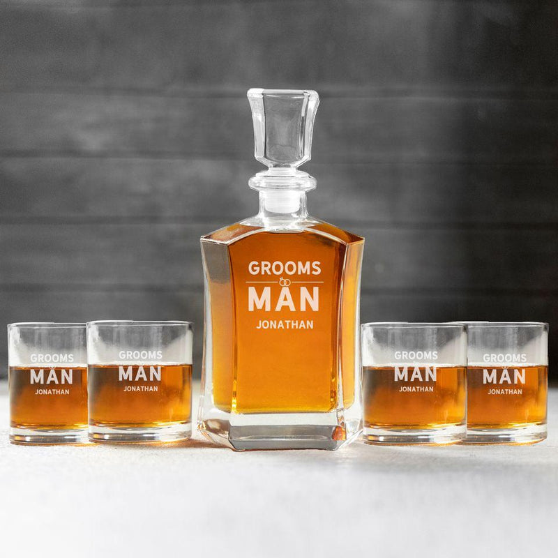 Personalized Groomsman Whiskey Decanter Set with 4 Lowball Glasses - Jonathan - JDS