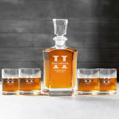 Personalized Groomsman Whiskey Decanter Set with 4 Lowball Glasses - Harrison - JDS